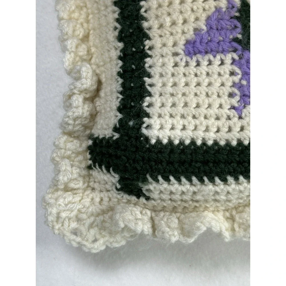 Vintage Crochet Square Pillow Cream Purple Green Decorative‎ Cottage Granny